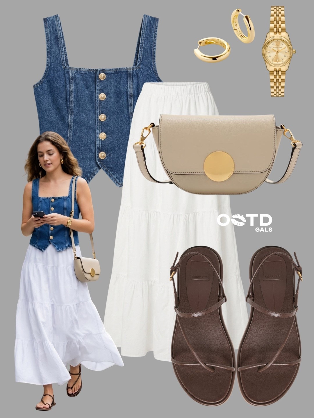 Denim and white for the perfect effortless summer look 💙🤍

This outfit feels fresh, feminine, and easy to wear from brunch dates to vacation strolls.

Simple pieces styled beautifully ✨

✨ Style Details:
• Structured denim corset-style top with gold buttons  
• Flowy white tiered maxi skirt for a soft romantic contrast  
• Beige crossbody bag with gold hardware for a polished touch  
• Minimal brown strappy sandals keeping the look relaxed and chic  
• Gold jewelry adding warmth and elegance  

The mix of denim, crisp white, and warm neutrals creates such a timeless summer combination ☀️

#SummerStyle #DenimOutfit #EffortlessChic