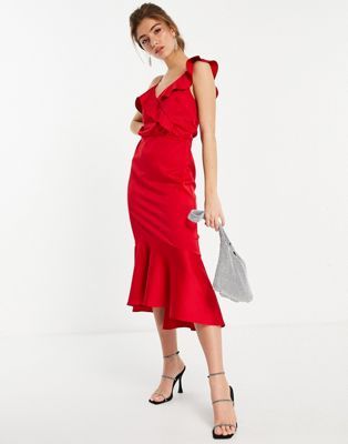 Oasis satin dress with fishtail in red | ASOS (Global)