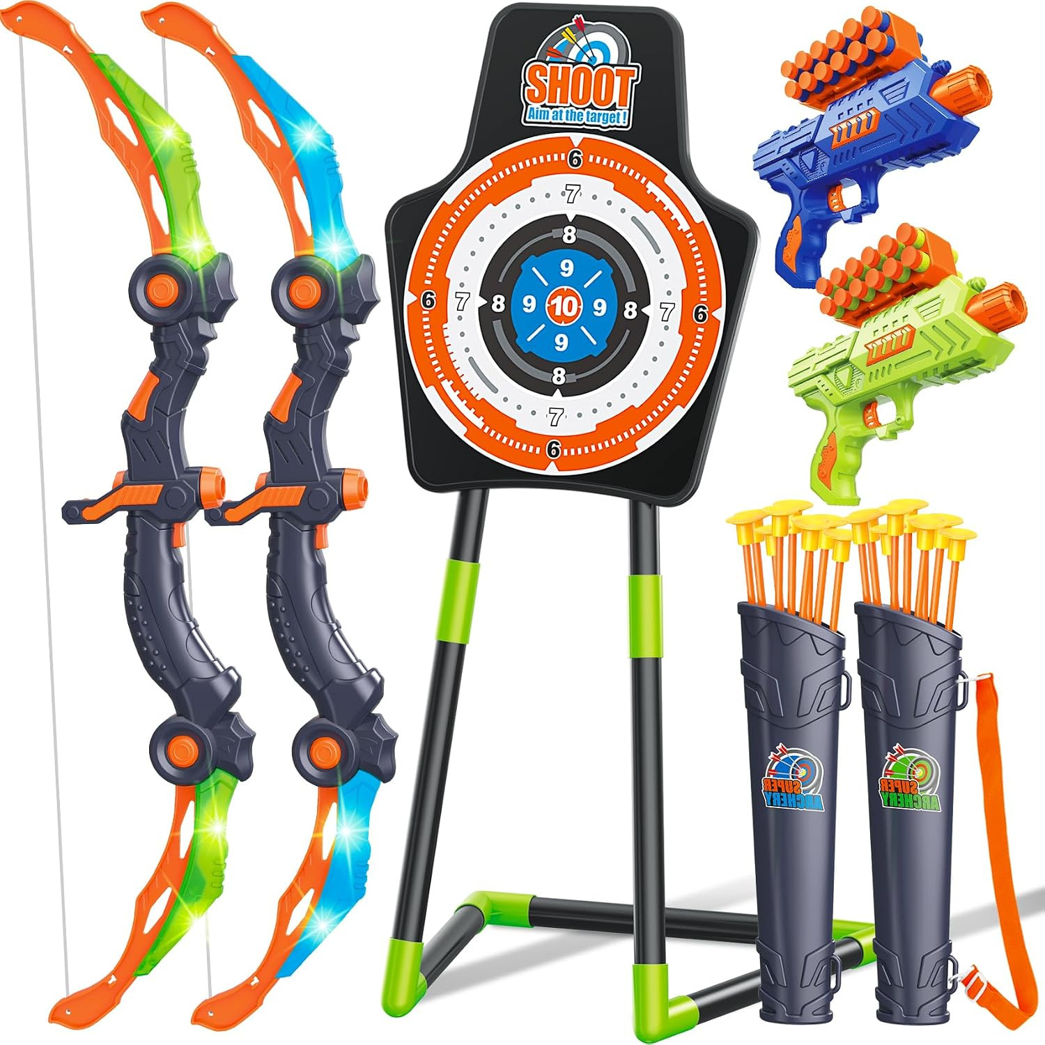 Bow and Arrow Toys for Kids, 2 Pack LED Light Up Archery Set Outdoor Indoor | Amazon (US)