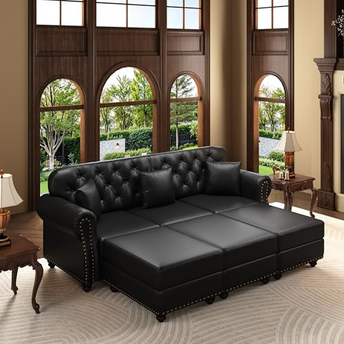 YESER Leather Sofa Chesterfield Couch, Mid-Century Classic Leather Couches for Living Room, 3 Seater Tufted Upholstered Sofa with Ottomans, Modern Home Couch Furniture Set with 3 Pillows, Black | Amazon (US)