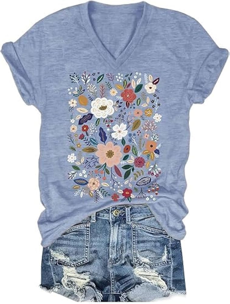 Women's Vintage Floral T-Shirt Boho Wildflower Graphic Loose Tee Short Sleeve Casual Top | Amazon (US)