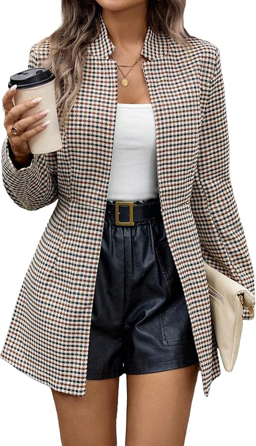 2025 Women’s Spring Long Plaid Blazer Jacket Houndstooth Notch-Collar Open Front Fashion Casual... | Amazon (US)