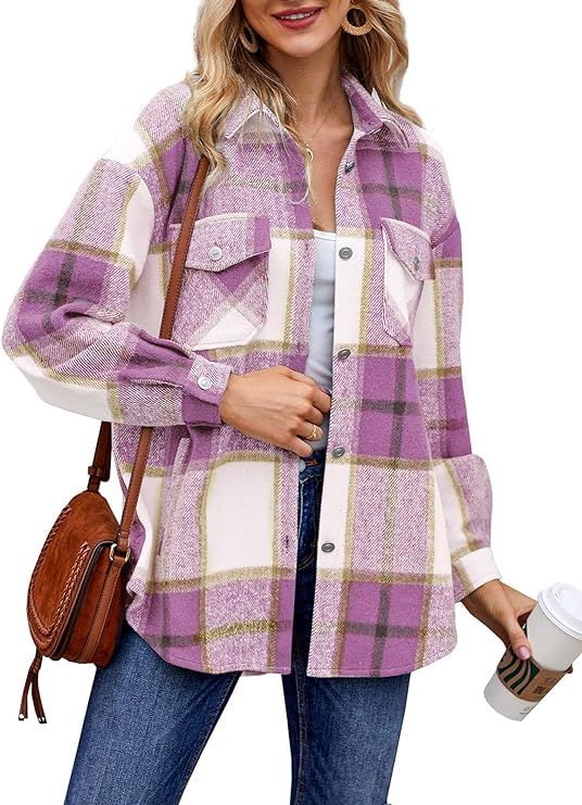 Imysty Womens Casual Plaid Wool Blend Shacket Button Down Long Sleeve Lapel Collar Shirts Coats | Amazon (US)