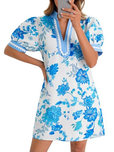 Wenrine Womens Summer Mini Dress Casual Floral Puff Sleeve V Neck Color Block Loose Boho Beach Dresses with Pockets Sky Blue | Amazon (US)