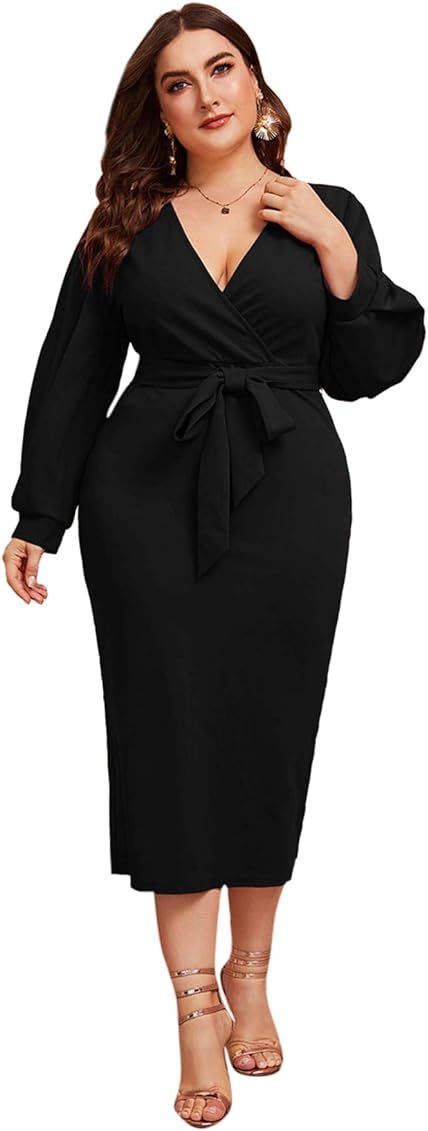 Verdusa Women's Plus Size V Neck Lantern Sleeve Midi Belted Bodycon Dress | Amazon (US)