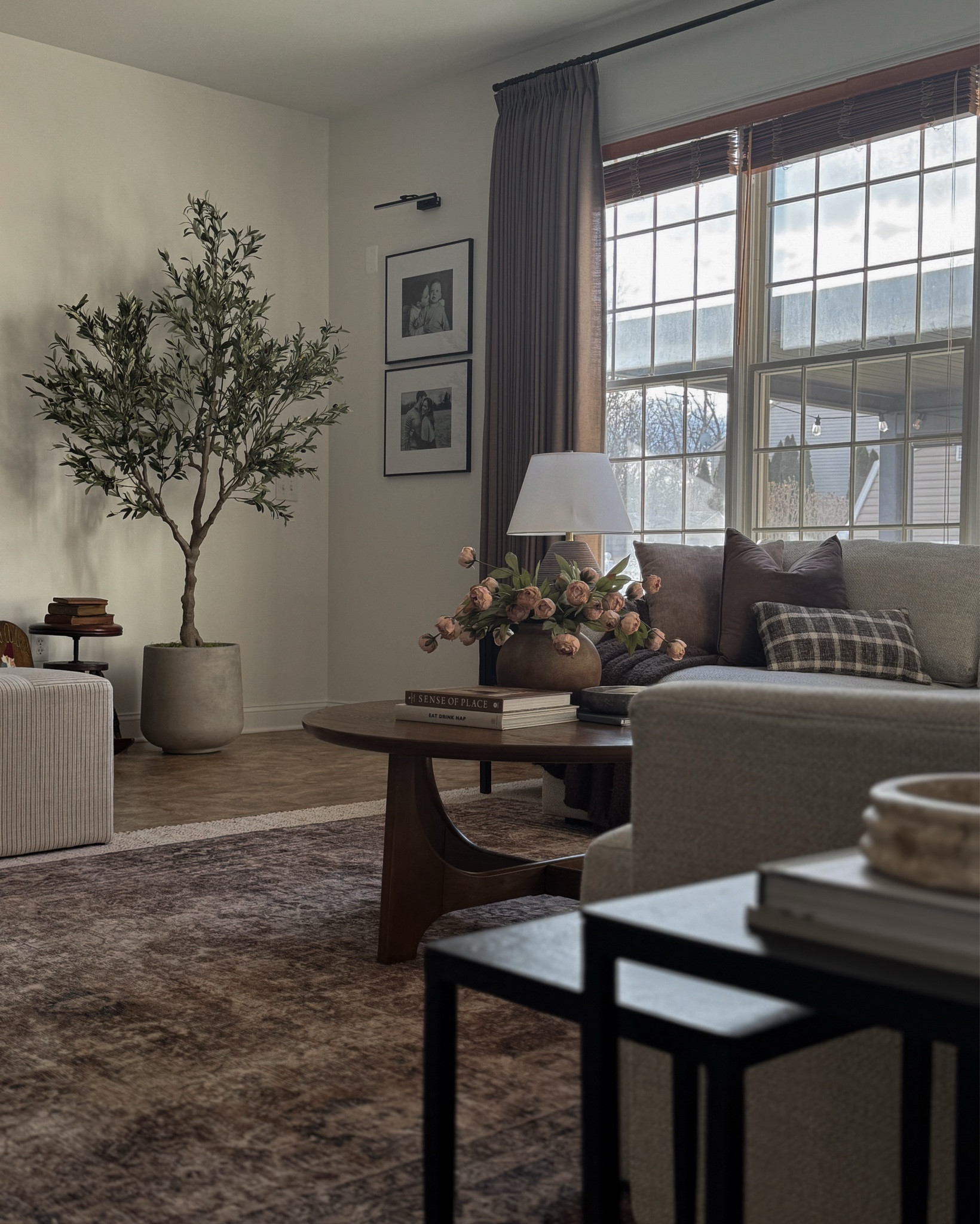 CURTAIN INFO:
Product: Liz Linen Drape Pleated
Color : Oak Dim Gray
Header style : Triple Pleat
Liner type : Privacy, Shading Rate 60%, 90 gsm microfiber white
Memory Trained: Yes

Moody living room, two pages curtains, coffee table decor, spring decor, nesting end table, olive tree, sectional couch, layered rugs, ottoman, living room decor

#LTKHome