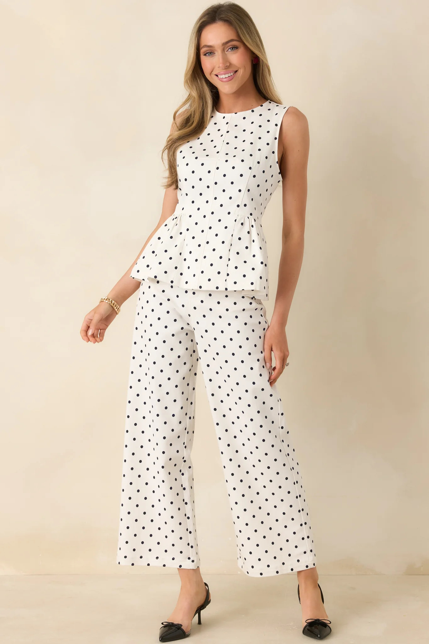 Pretty Little Thing Ivory Cotton Polka Dot Peplum Top | Red Dress