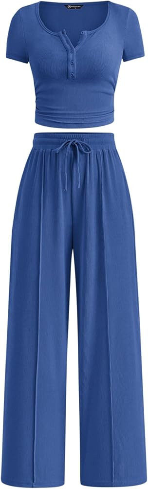 PRETTYGARDEN Womens 2 Piece Outfits Summer 2026 Ribbed Knit Button Short Sleeve Tops Casual Wide ... | Amazon (US)