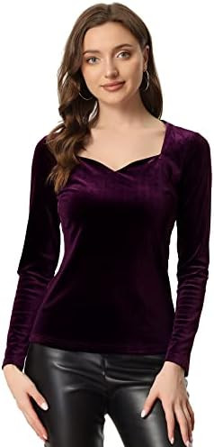 Allegra K Velvet Tops for Women's Long Sleeves Sweetheart Neck Blouse | Amazon (US)