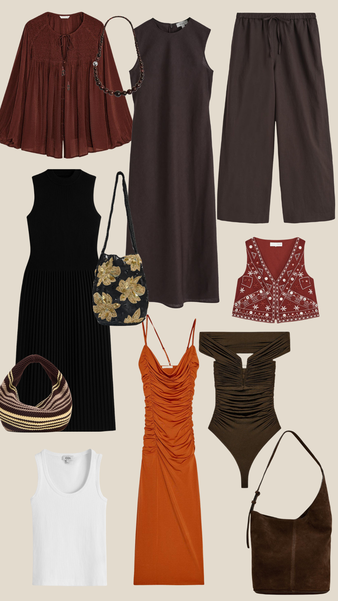 Holiday Outfit, Zara and COS Picks, Linen drawstring, Maxi dress, Tank top, Necklace, Bucket bag, Waistcoat, Suede bucket bag, Bodysuit 

 #LTKuk #LTKsummer #LTKstyletip
