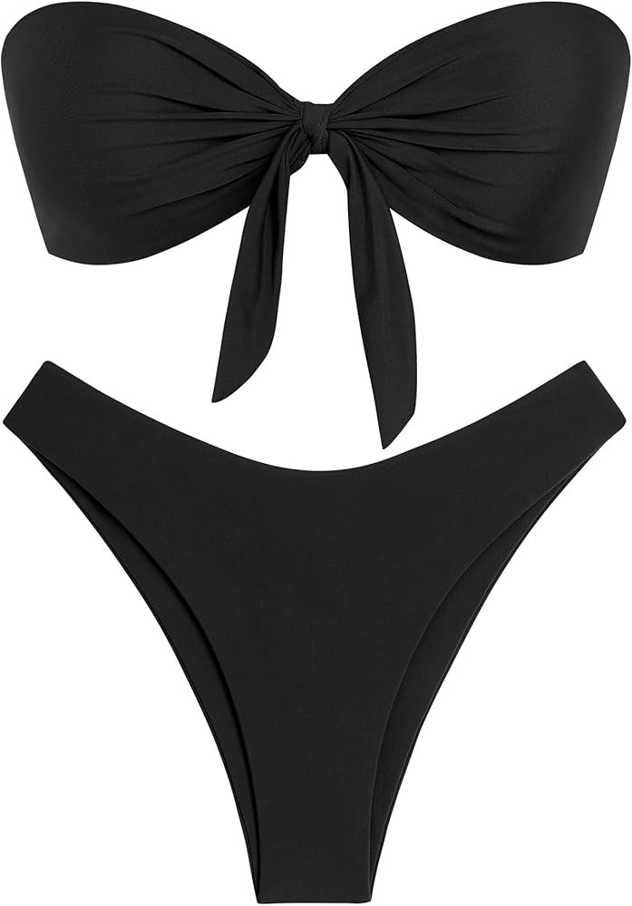 ZAFUL Knotted Bandeau Bikini for Women Strapless Swimsuits High Cut Bathing Suit Sexy Cheeky Tie ... | Amazon (US)