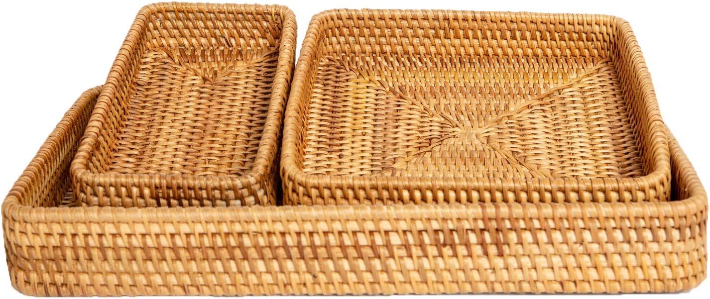 Rattan Tray Set of 3 - Serving Tray Wicker Rattan Set - Tabletop Cake, Fruit Platter, Coffee Tabl... | Amazon (US)