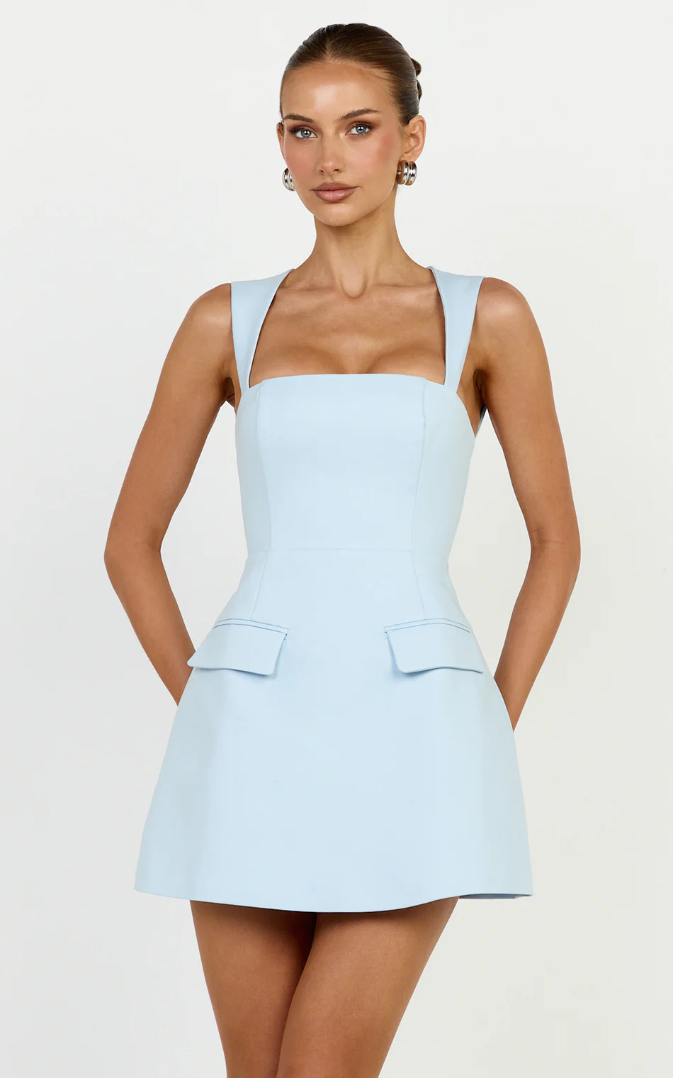 Garrett Mini Dress - Square Neck Fit And Flare Dress in Light Blue | Showpo (US, UK & Europe)