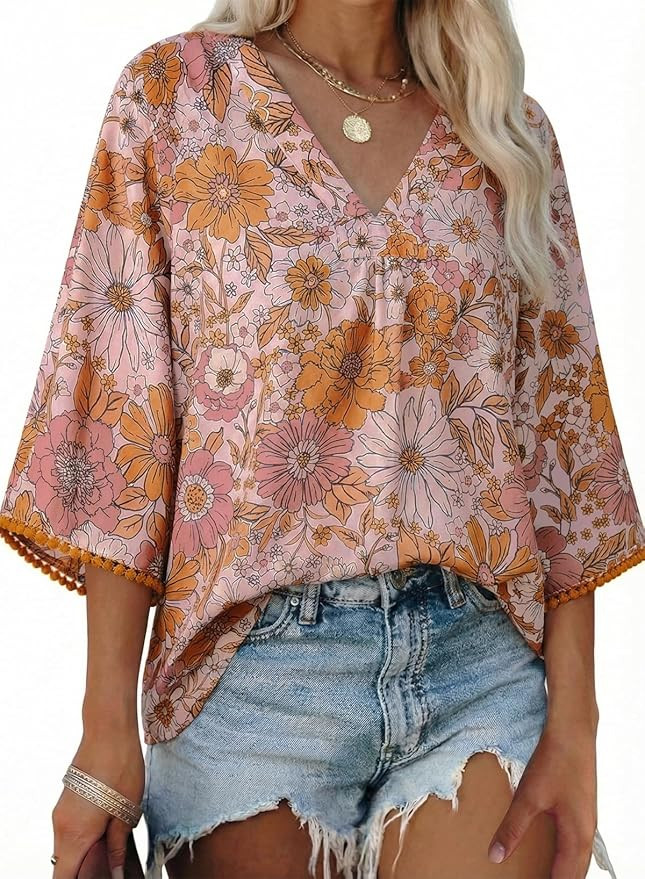EVALESS Boho Summer Tops for Women Trendy 3/4 Length Sleeve Womens Tops Floral Print V Neck Blous... | Amazon (US)
