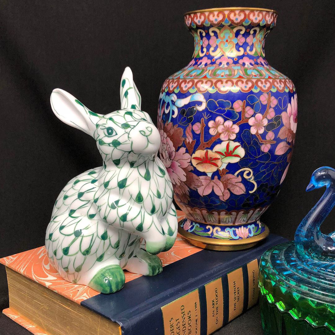 Green and White Porcelain Bunny Rabbit With Front Feet up Rabbit Figurine in Fishnet Pattern Most... | Etsy (US)