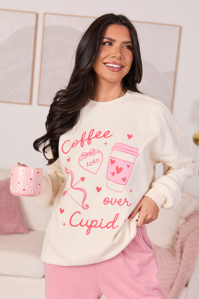 Coffee Over Cupid Cream Graphic Sweatshirt | Pink Lily