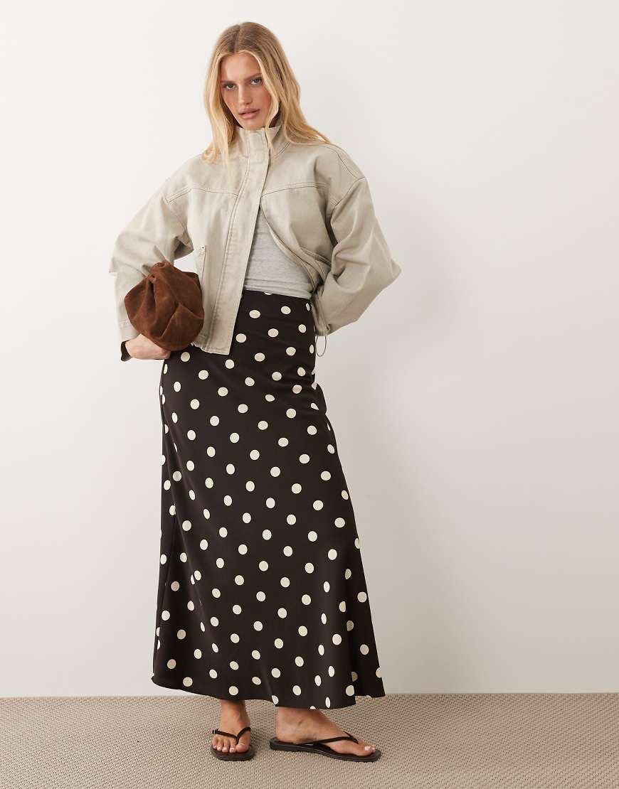 JDY a-line satin maxi skirt in brown polka dots | ASOS (Global)