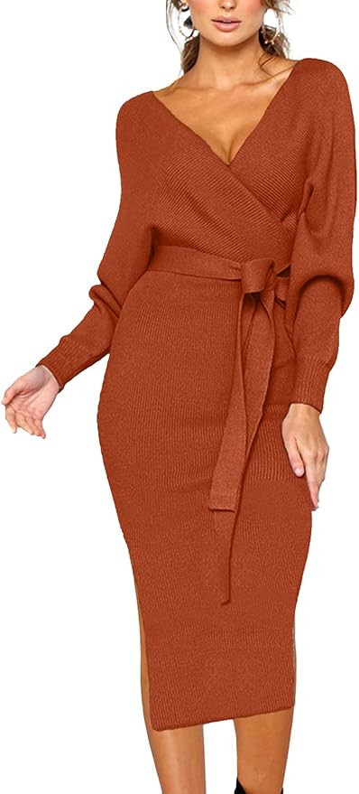 CHERFLY Women's V Neck Sweater Dresses Batwing Long Sleeve Backless Bodycon Long Dress with Belt | Amazon (US)