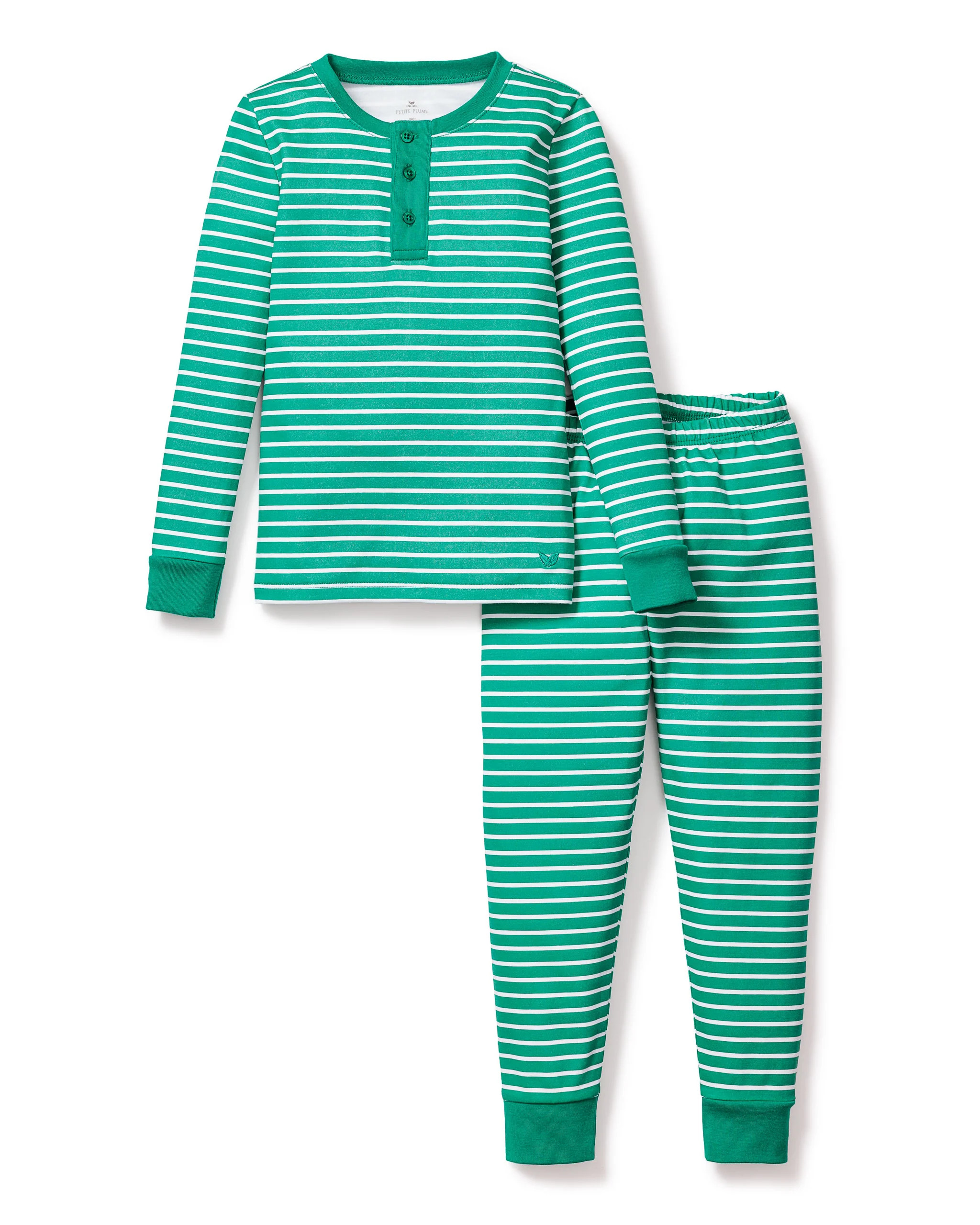 Kid's Pima Snug Fit Pajama Set in Green Stripe | Petite Plume