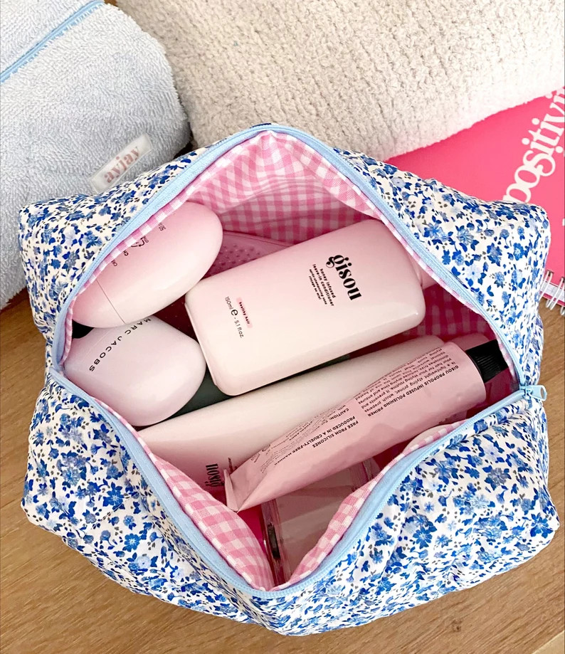 Makeup Bag Quilted Cosmetics Bag Midnight Blue Floral Toiletry Travel Bag Machine Washable - Etsy | Etsy (US)