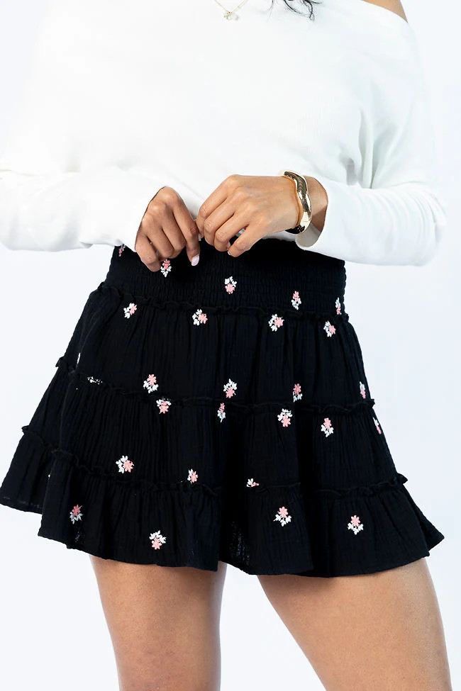 Through The Garden Black Gauze Floral Mini Skort | Pink Lily