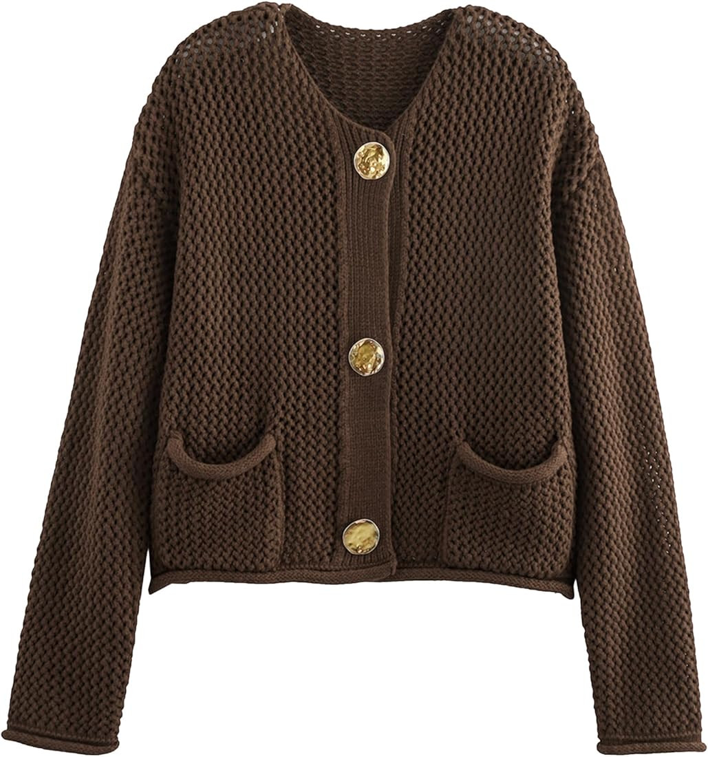 Yimoon Womens Cropped Cardigan Sweaters Gold Button Down Chunky Knit Sweaters Long Sleeve Open Fr... | Amazon (US)