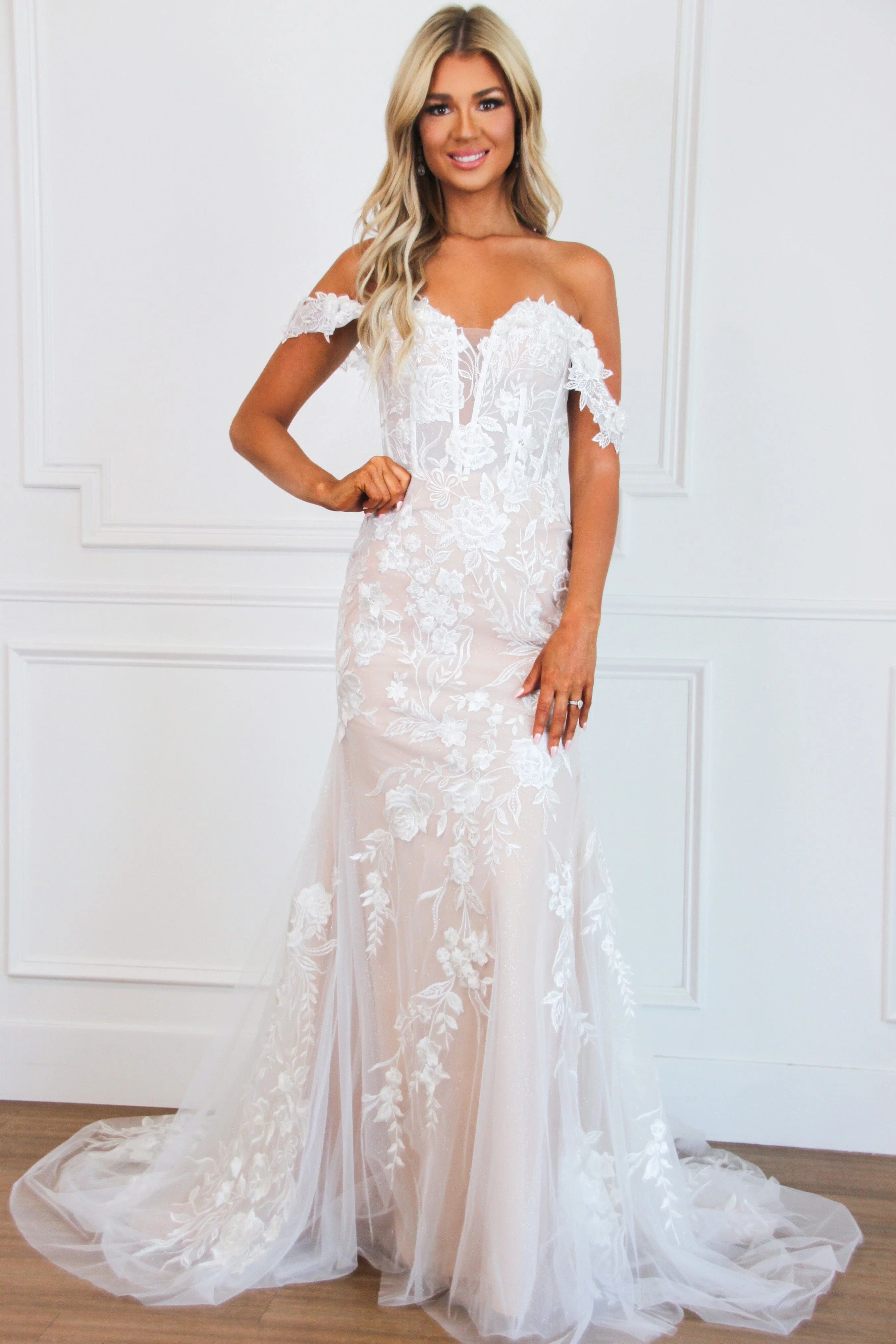 Abigail Off Shoulder Lace Wedding Dress: White/Nude | Bella and Bloom Boutique