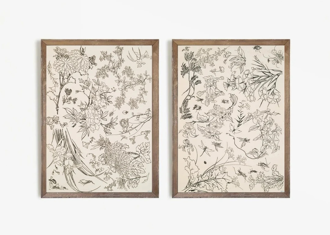 Vintage Textile Wall Art Set of 2 Neutral Antique Floral Sketch Pattern Digital Download Modern F... | Etsy (US)