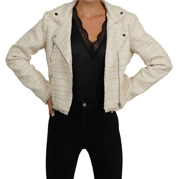 Tweed Moto Jacket In Ivory | Shop Simon