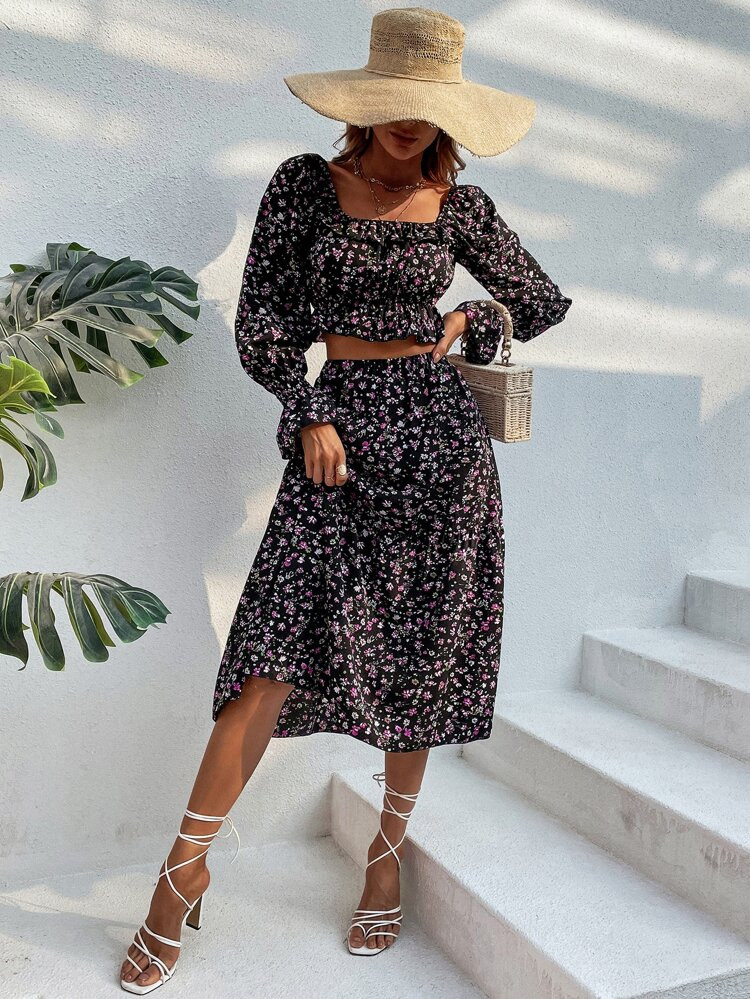 Ditsy Floral Print Ruffle Trim Flounce Sleeve Crop Top & Skirt | SHEIN