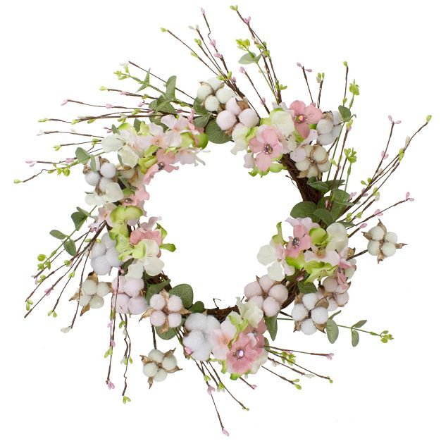 Northlight 18-Inch Pink and Green Hydrangeas with Cotton Artificial Floral Wreath | Target