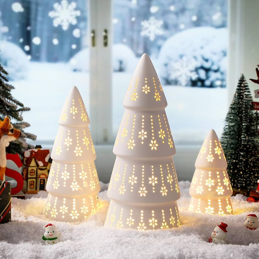 3 Pcs White Ceramic Christmas Trees with Lights, Table Top Christmas Decoration with Dots Cutouts... | Amazon (US)