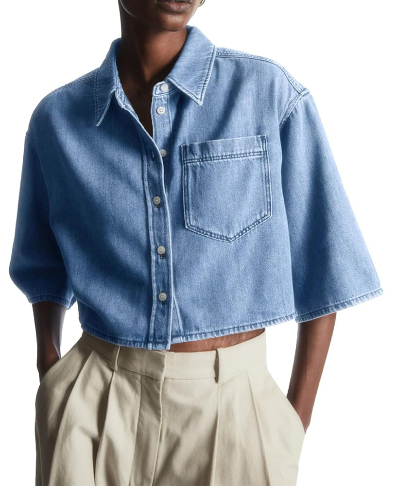 Tankaneo Womens Crop Denim Shirt Half Sleeve Button Down Short Jean Jacket with Pocket | Amazon (US)