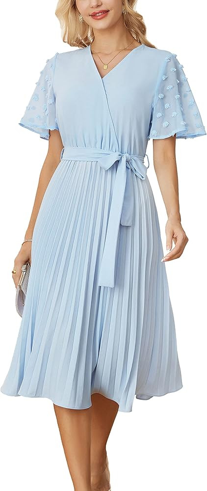 GRACE KARIN Womens Wrap V Neck Summer Dresses Casual Swiss Dot Short Sleeve Pleated Ruffle Hem Mi... | Amazon (US)