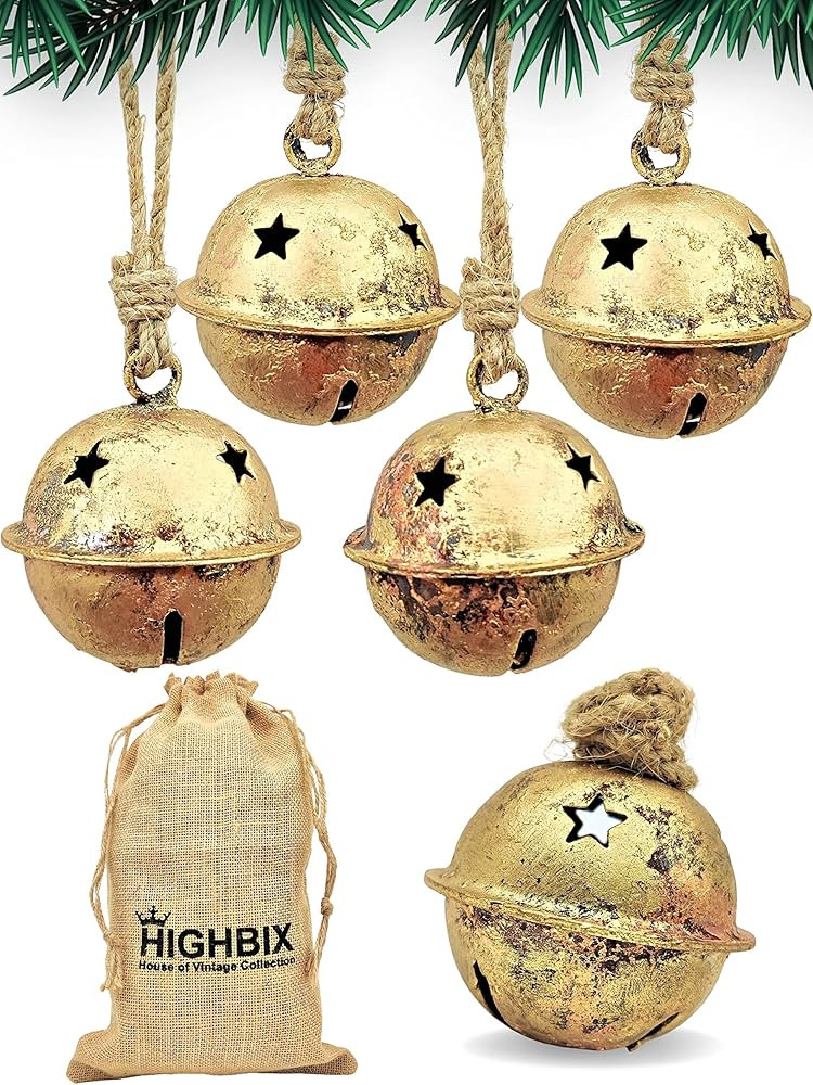 HIGHBIX Set of 5 Harmony Jingle Bells Vintage Handmade Rustic Lucky Christmas Hanging Décor Bells On | Amazon (US)