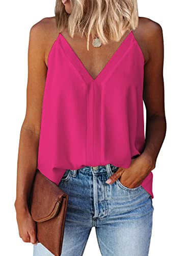 Miduo Women's V-Neck Strappy Tank Top - Sleeveless Flowy Cami, Hot Pink XL | Amazon (US)