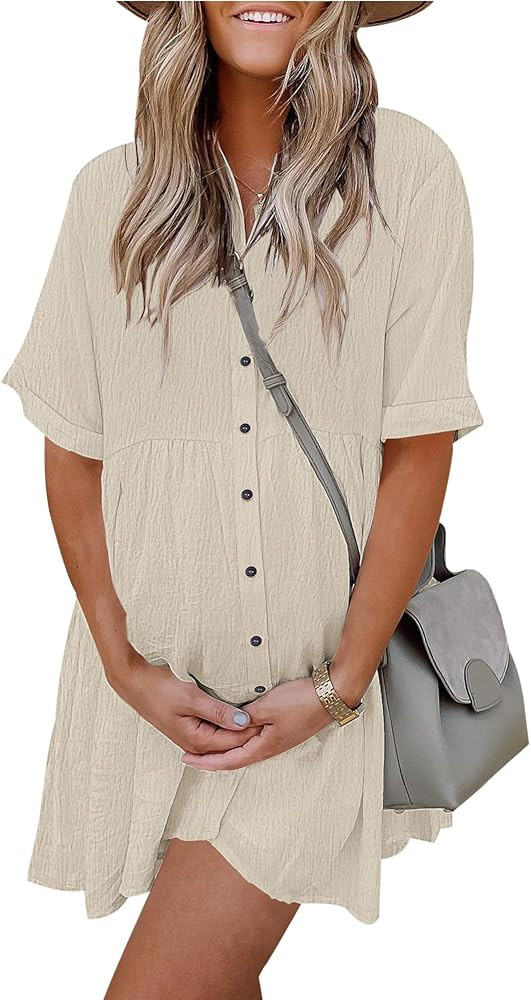 AUSELILY Women's Summer Babydoll Dress Casual Short Sleeve Sundress Button Down Dresses with Pock... | Amazon (US)