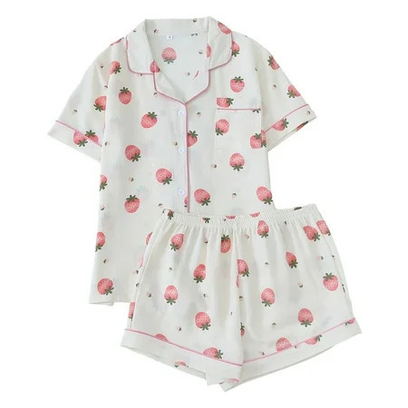 Woman Pajama Set Strawberry Pjs Set Button Front Short Sleeve Shorts With Pockets Womens Pjs Sets Light Pink L | Walmart (US)
