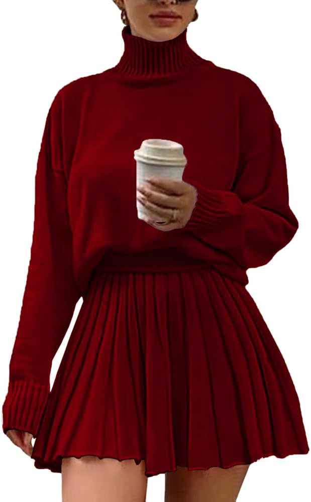 Women's 2 Piece Outfits Turtleneck Long Sleeve Oversized Pullover Sweaters and Pleated Mini Skirt... | Amazon (US)