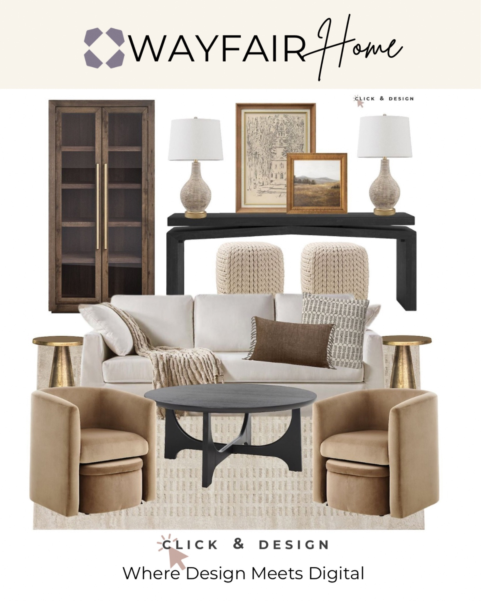 Warm neutral living room design with pops of contrast black furniture. 

#livingroom #wayfair #neutral #velvetchair

#LTKFamily #LTKHome