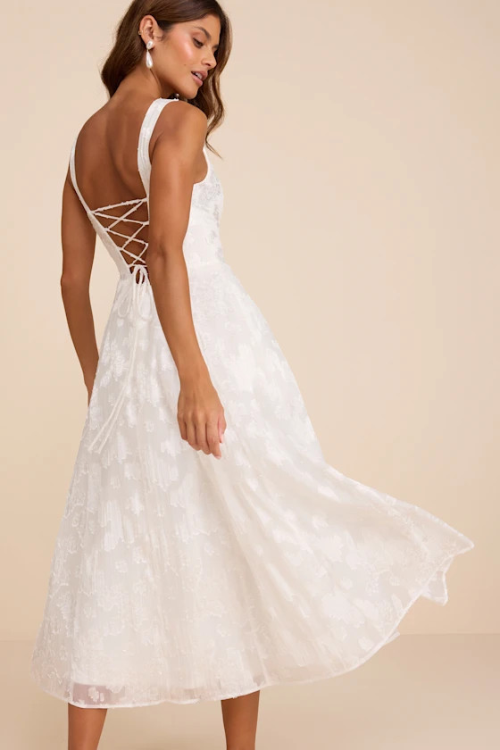 Loira White Burnout Jacquard Lace-Up Midi Dress | Lulus