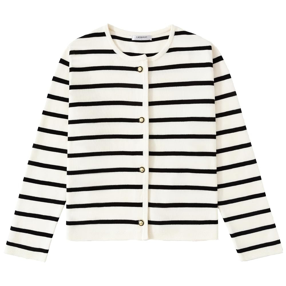 Women's Striped Cardigan Sweater Trendy Long Sleeve Button Down Crewneck Knit Cardigans | Amazon (US)