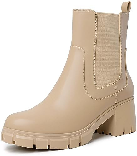 GOUPSKY Women's Chelsea Boots Lug Sole Chunky Heel Slip on Elastic Ankle Boots Fashion Beige Fall Booties Size 7.5 | Amazon (US)