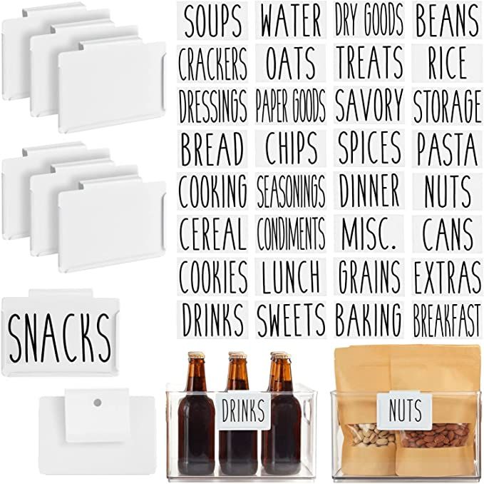 Talented Kitchen 8 Pack Metal Basket Labels Clip On Holders with 40 Pantry Labels for Storage Bin... | Amazon (US)