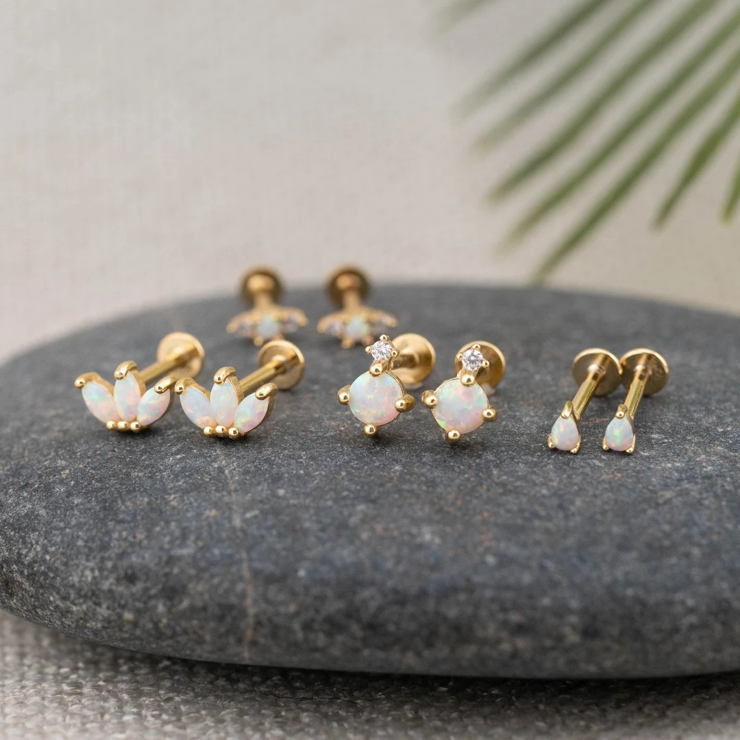 Tiny Opal Flatback Earrings Piercing Set Gold, Cartilage Tragus Conch Earring, 18g Stud White Opa... | Etsy (US)