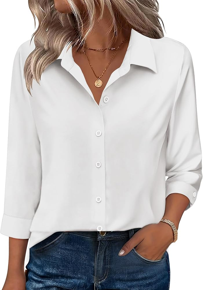 Zeagoo Button Down Shirts for Women 3/4 Sleeve Tops V Neck Collared Blouses Business Casual Outfi... | Amazon (US)