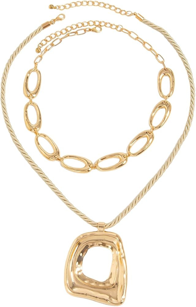 Gold Chunky Necklace for Women Layered Golden Irregular Geometric Hollow Square Pendant Necklace ... | Amazon (US)