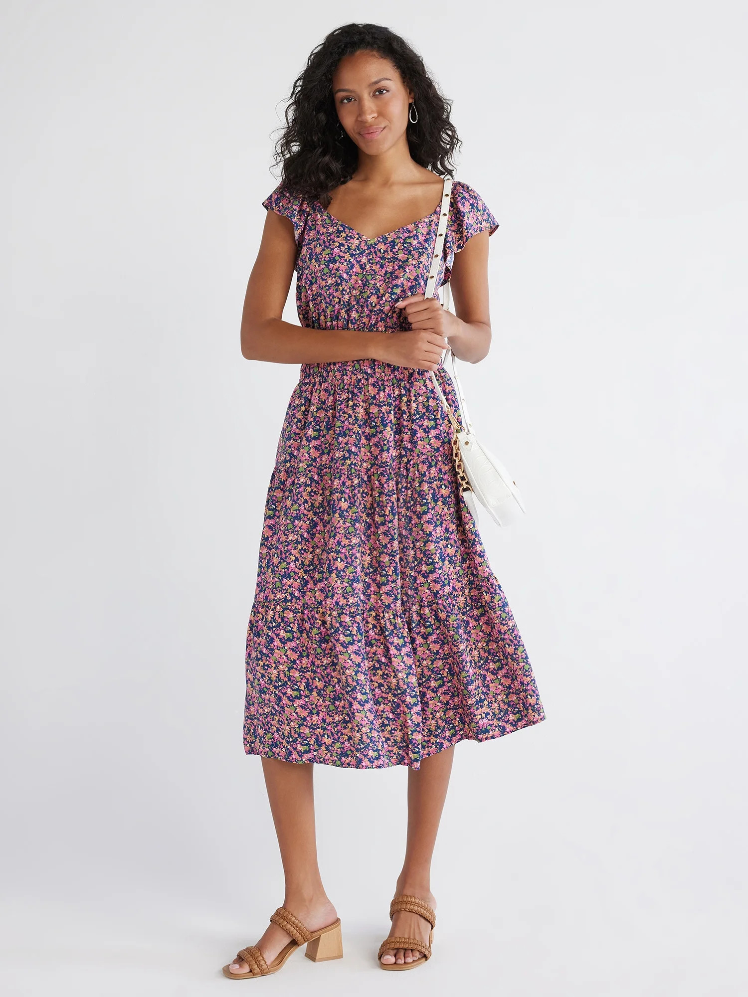Time and Tru Women's Smocked Midi Dress with Flutter Sleeves, Sizes XS-XXXL | Walmart (US)