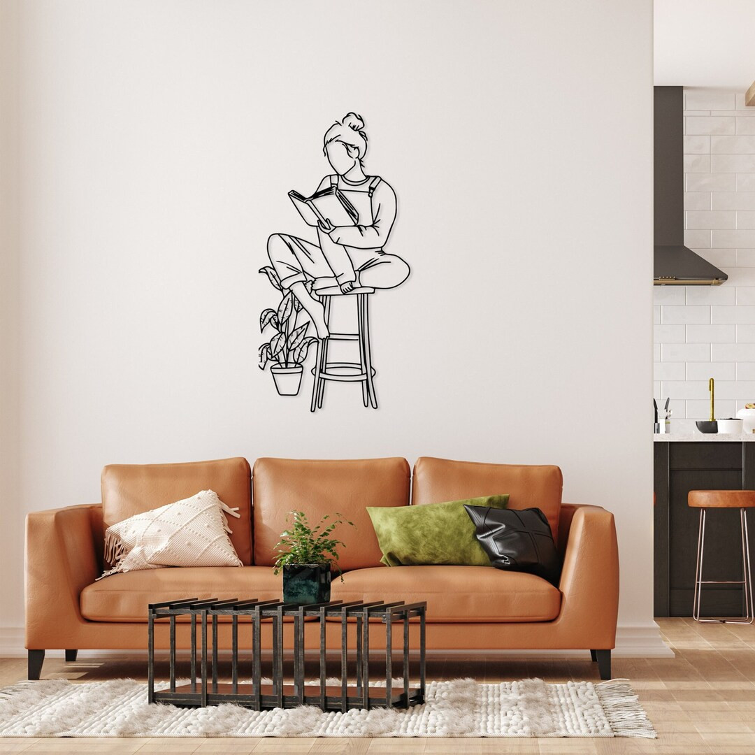 Woman Reading a Book on Chair Metal Wall Decor Minimalist - Etsy | Etsy (US)