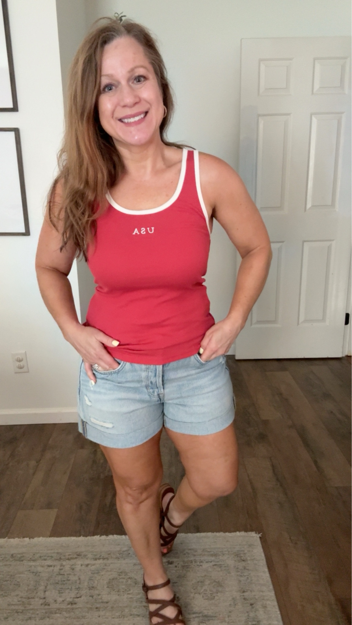 Summer outfit idea 
Perfect for the 4th of July and all summer 
Denim shorts 
Red USA tank 
Sandals 

I am in a small in top and  6 in Shorts, sandals TTS

#LTKPetite #LTKootd #LTKMidsize